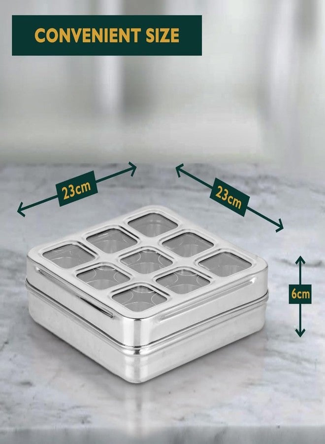 VISAXMI Stainless Steel Masala Box For Kitchen | Spice Box For Kitchen | Masala Dabba Steel | Airtight Masala Dani With 9 Square Bowl & See Through Lid | Square Spice Organiser 1 Spoon,Silver - Image 2